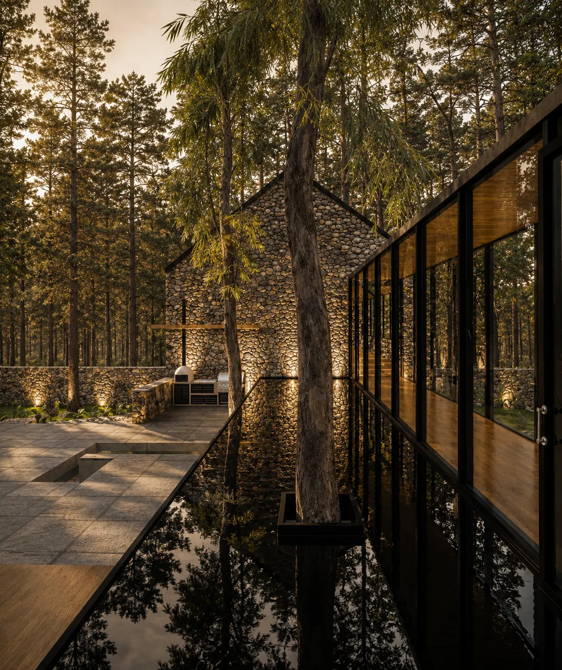 Avandaro retreat — stone terrace in pine forest