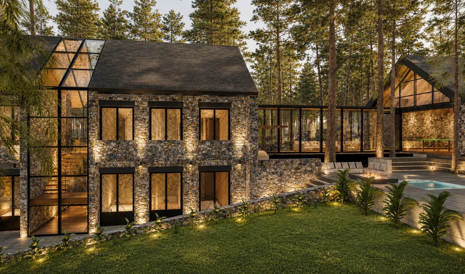 Avandaro house — stone and glass evening exterior